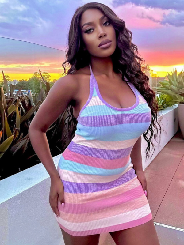 Stripe Print Sexy Halter Neck Backless Dress