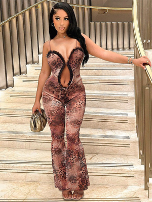 Brown Sexy See-Through Hollow Exposed Navel Slim Fit Slightly Flared Jumpsuit