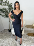 Black Fashion Women's Sexy Solid Color V-Neck Pleated Dress