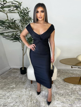 Black Fashion Women's Sexy Solid Color V-Neck Pleated Dress