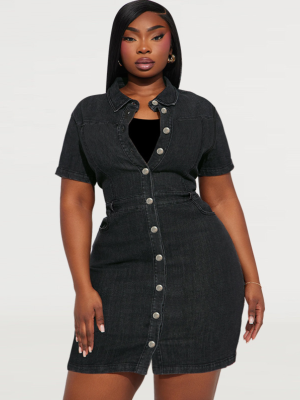 Black Denim Lapel Short Sleeve Button Dress