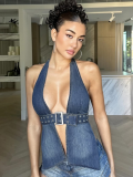 Blue New Denim Washed Sexy Backless Top