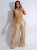 Khaki Sexy Navel-Exposed Halter Neck Backless PU Temperament Wide-Leg Jumpsuit