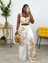 Khaki Sexy Printed Suspender High Waist Wide Leg Pants Two-Piece Set