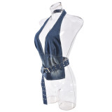 Blue New Denim Washed Sexy Backless Top