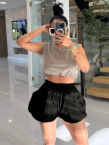 Black Flower Bud Wide Leg Elastic Waist Bloomers Loose Casual Shorts