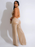 Khaki Sexy Navel-Exposed Halter Neck Backless PU Temperament Wide-Leg Jumpsuit