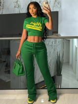 Green Printed Navel-Baring Short-Sleeved High-Waisted Slim-Fit Trousers Two-Piece Set