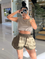 Army Green Flower Bud Wide Leg Elastic Waist Bloomers Loose Casual Shorts