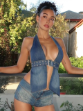 Blue New Denim Washed Sexy Backless Top