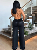 Black Sexy Navel-Exposed Halter Neck Backless PU Temperament Wide-Leg Jumpsuit