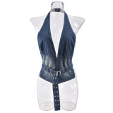 Blue New Denim Washed Sexy Backless Top