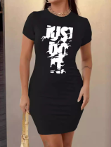 Black Printed Stretch Bodycon Dress