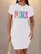 White O-Neck Printed Stretch Bodycon Dress