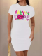 White O-Neck Printed Stretch Bodycon Dress