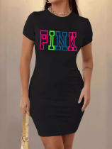 Black O-Neck Printed Stretch Bodycon Dress