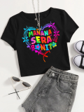 Black Stylish Casual Slim Fit Navel-Baring Letter Print T-Shirt