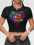 Black Stylish Casual Slim Fit Navel-Baring Letter Print T-Shirt