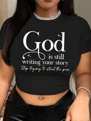 Black Stylish Casual Slim Fit Navel-Baring Letter Print T-Shirt
