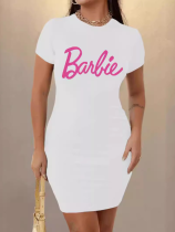 White O-Neck Printed Stretch Bodycon Dress