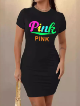 Black O-Neck Printed Stretch Bodycon Dress