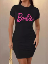 Black O-Neck Printed Stretch Bodycon Dress