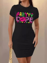 Black O-Neck Printed Stretch Bodycon Dress