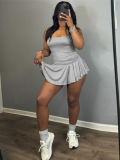 Grey Trendy Suspender Sleeveless Slim Fit Pleated Short Skirt Two Piece Set