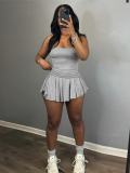 Grey Trendy Suspender Sleeveless Slim Fit Pleated Short Skirt Two Piece Set