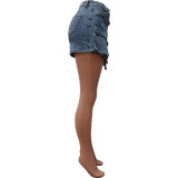 Blue Stretch Denim Zippered Multi-Pocket Denim Shorts