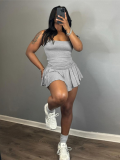 Grey Trendy Suspender Sleeveless Slim Fit Pleated Short Skirt Two Piece Set