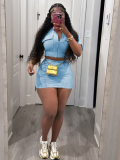 Sky Blue Casual Washed Stitching Cardigan Skirt Two-Piece Set
