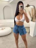 Blue Stretch Denim Zippered Multi-Pocket Denim Shorts