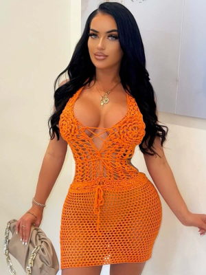Orange Hand-Crocheted Knitted Casual Beach Hip Dress