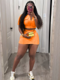 Orange Casual Washed Stitching Cardigan Skirt Two-Piece Set