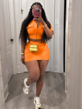 Orange Casual Washed Stitching Cardigan Skirt Two-Piece Set