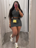 Black Casual Washed Stitching Cardigan Skirt Two-Piece Set
