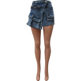Blue Stretch Denim Zippered Multi-Pocket Denim Shorts