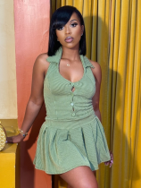 Green Elastic Halterneck Backless Sexy Pleated Dress