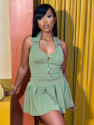 Green Elastic Halterneck Backless Sexy Pleated Dress