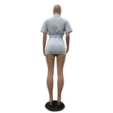 Sky Blue Casual Washed Stitching Cardigan Skirt Two-Piece Set