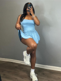 Blue Trendy Suspender Sleeveless Slim Fit Pleated Short Skirt Two Piece Set