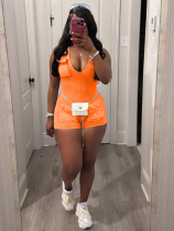 Orange New V-Neck Casual Washed Jumpsuit Shorts