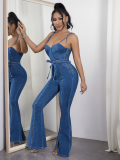 Blue Casual Sexy Suspender Slit Wide Leg Denim Jumpsuit