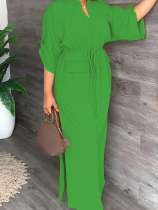 Green Retro Slit Drawstring Loose Dress