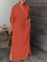 Orange Retro Slit Drawstring Loose Dress