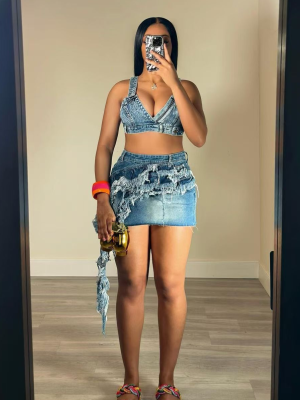 Blue Summer Fashion Personality Tassel Stretch Denim Skirt Two-Piece Suit