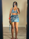 Blue Summer Fashion Personality Tassel Stretch Denim Skirt Two-Piece Suit