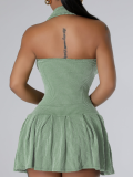 Green Casual Fashion Halterneck Backless Pleated Dress