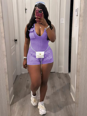 Purple New V-Neck Casual Washed Jumpsuit Shorts